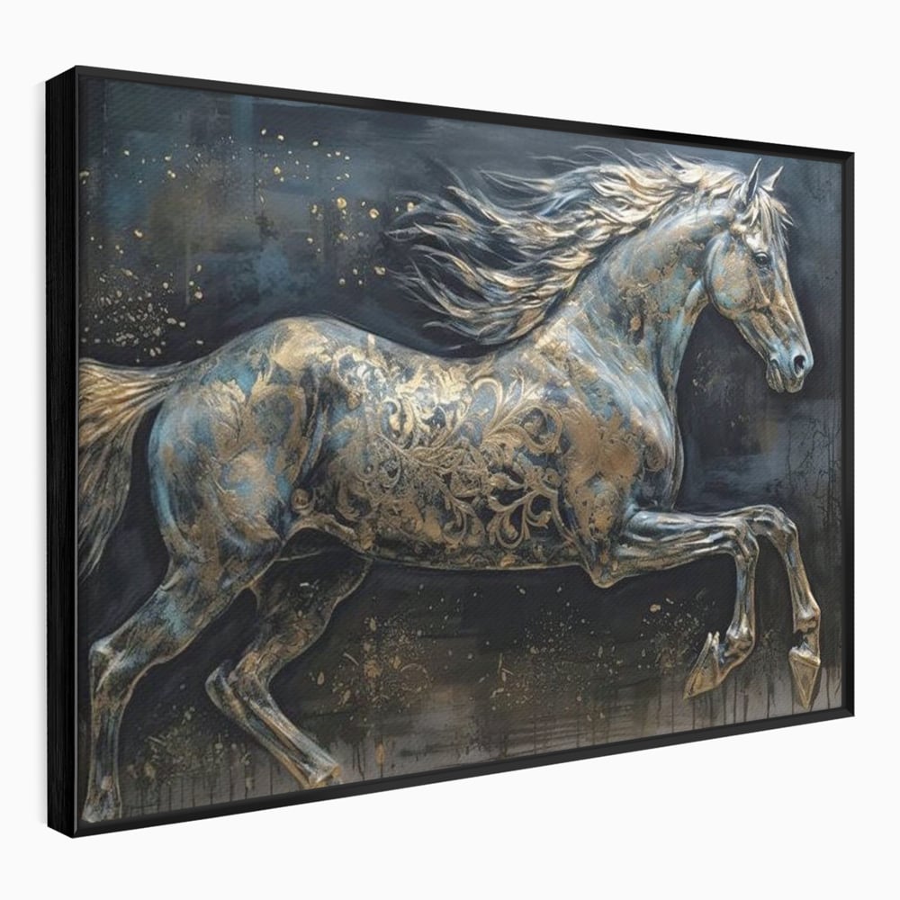 Tablou canvas cu tablou canvas cu armasar in galop, in rama de aluminiu negru